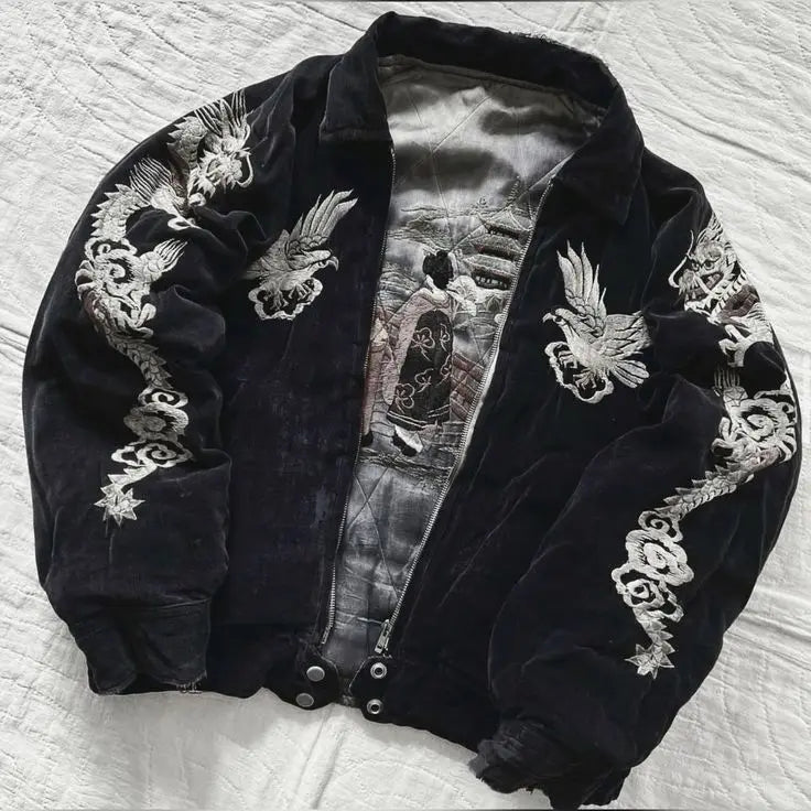 Dragon Bomber Jacket Y2K Fleece Zipper Coat