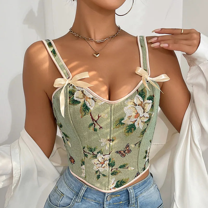 Women’s Floral Corset Bra Top French Style Double Strap Retro Vest