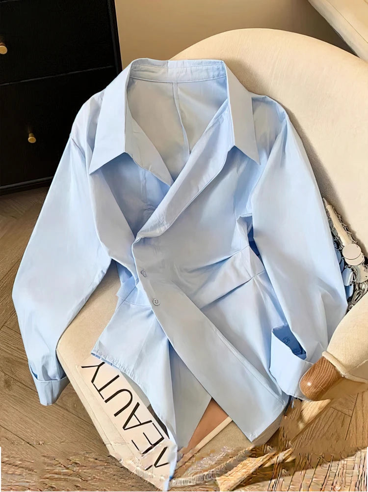 Women Elegant Long Sleeve Polo Shirt Irregular Design Workwear Tunic Top Blouse
