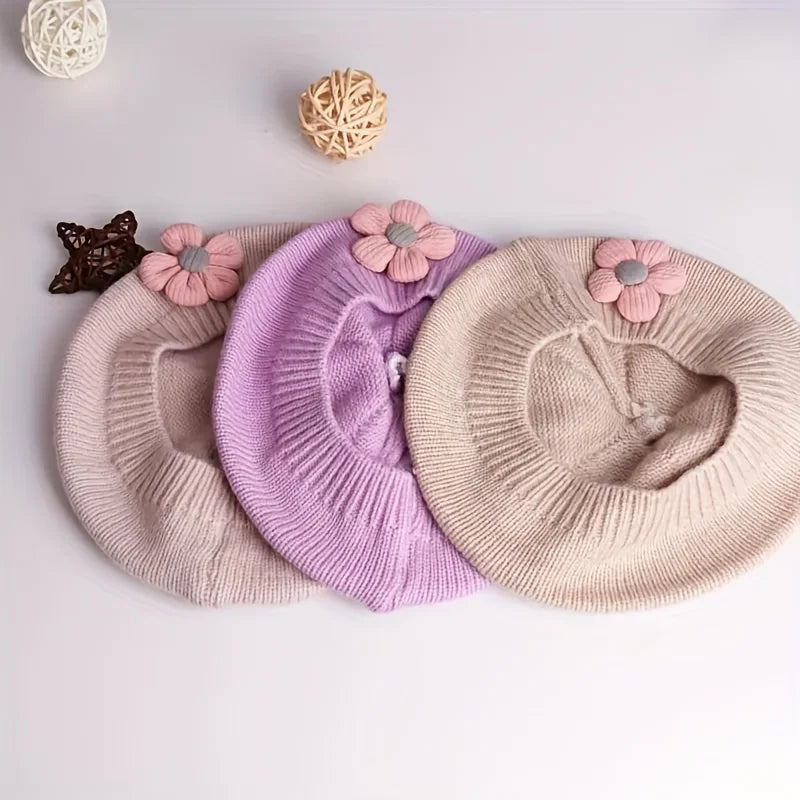 Baby Girl Flower Beret Warm Knit Beanie Hat