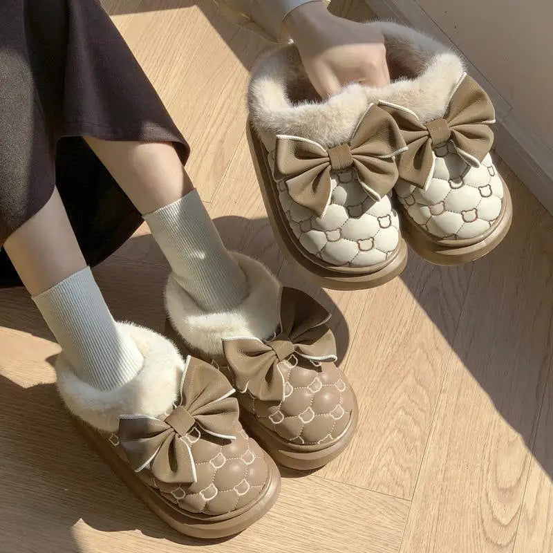 Women Winter Platform Ankle Boots Fluffy Indoor Slippers Bow Warm House Shoes