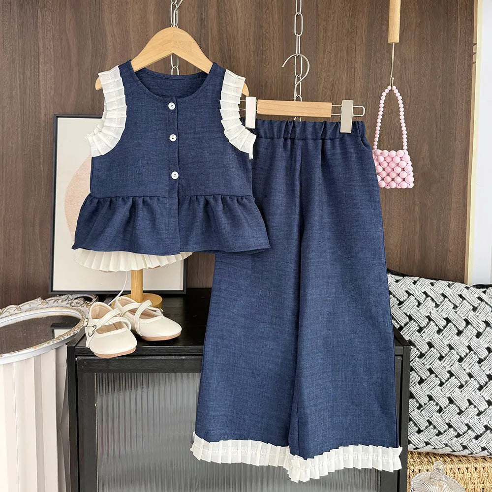 Girls Blue Denim Look Sleeveless Top and Wide Leg Pants Set