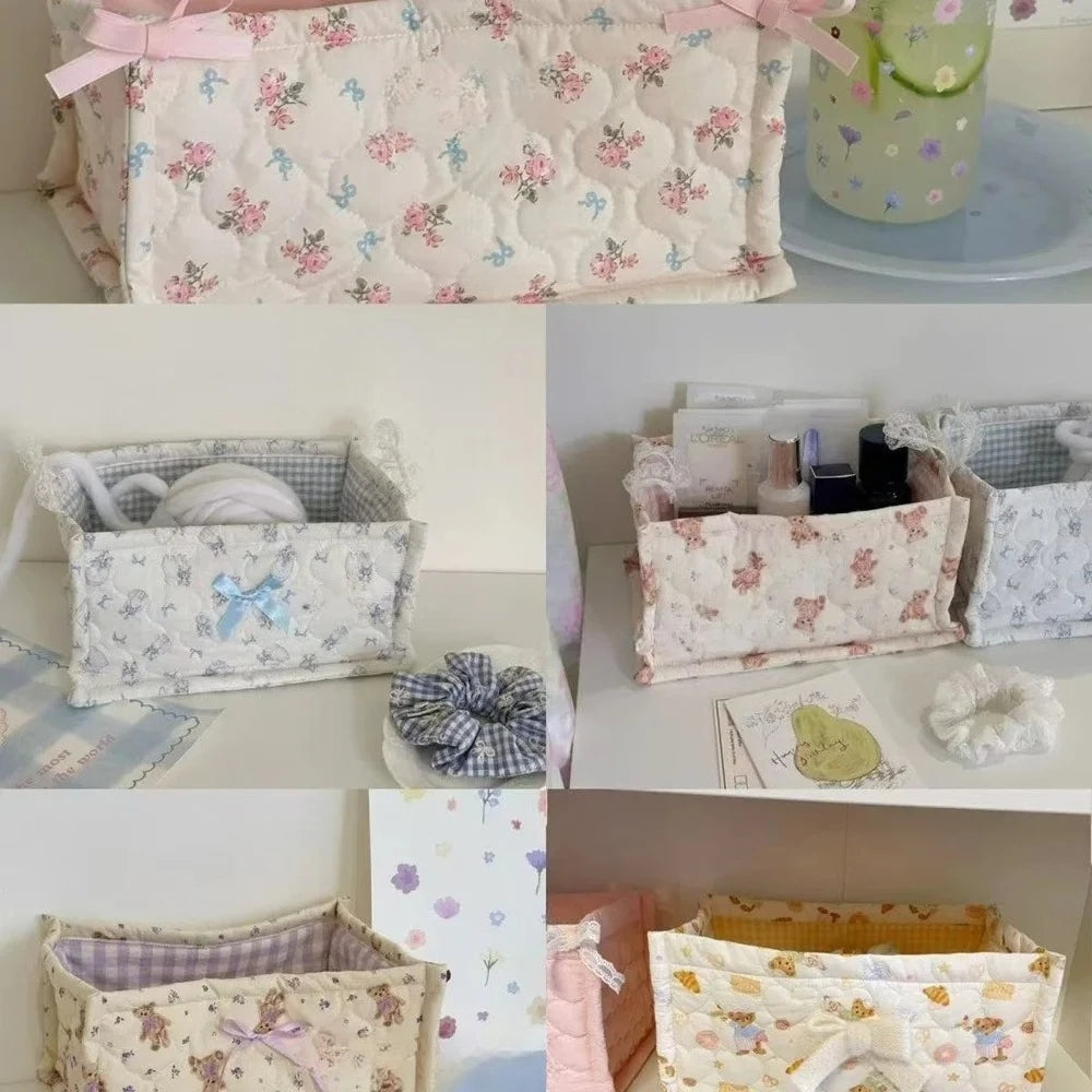 Lace Flower Quilted Square Storage Basket Desktop Organizer Home Decor Basket