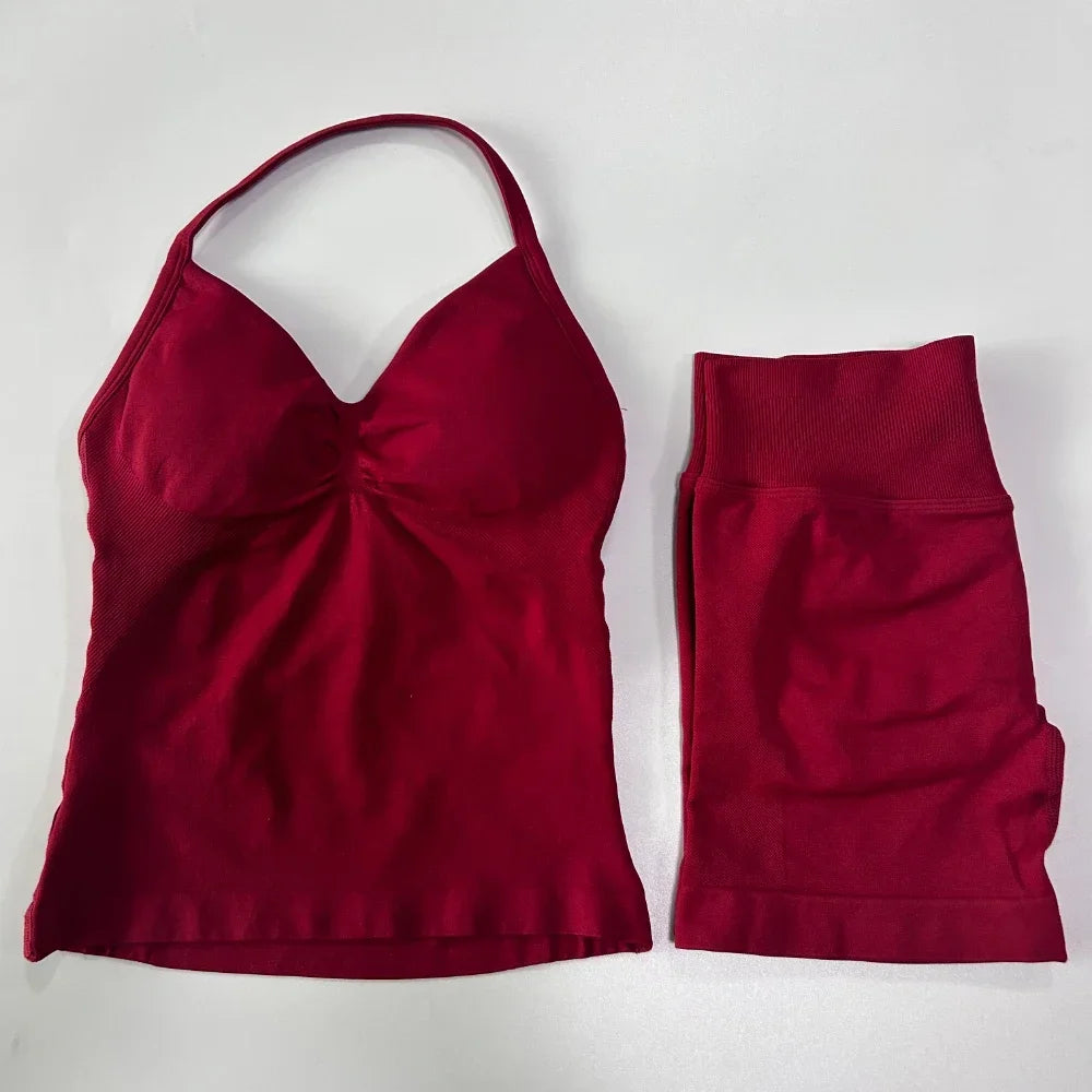 Yoga Set Women Seamless Tank Top High Waist Scrunch Shorts Gym Workout Set