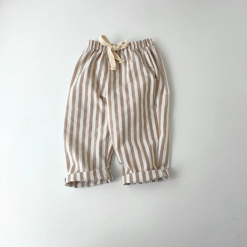 Kids Striped Linen Cotton Pants Vintage Loose Harem Trousers for Boys & Girls