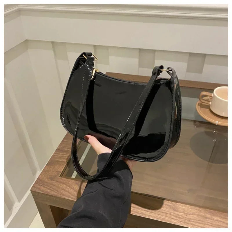 Women Patent Leather Shoulder Bag Fashion Zipper Handbag Style Commuter Bag