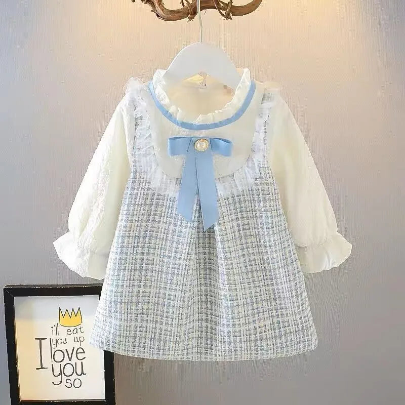 Girls Long Sleeve Bow Dress for Spring Casual Wear