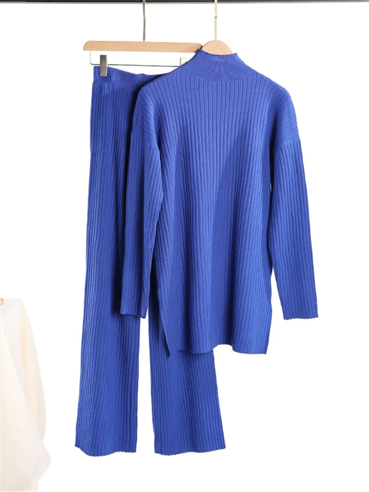 Women Knitted Two Piece Set Turtleneck Sweater and Straight Jogger Pants Winter Tracksuit