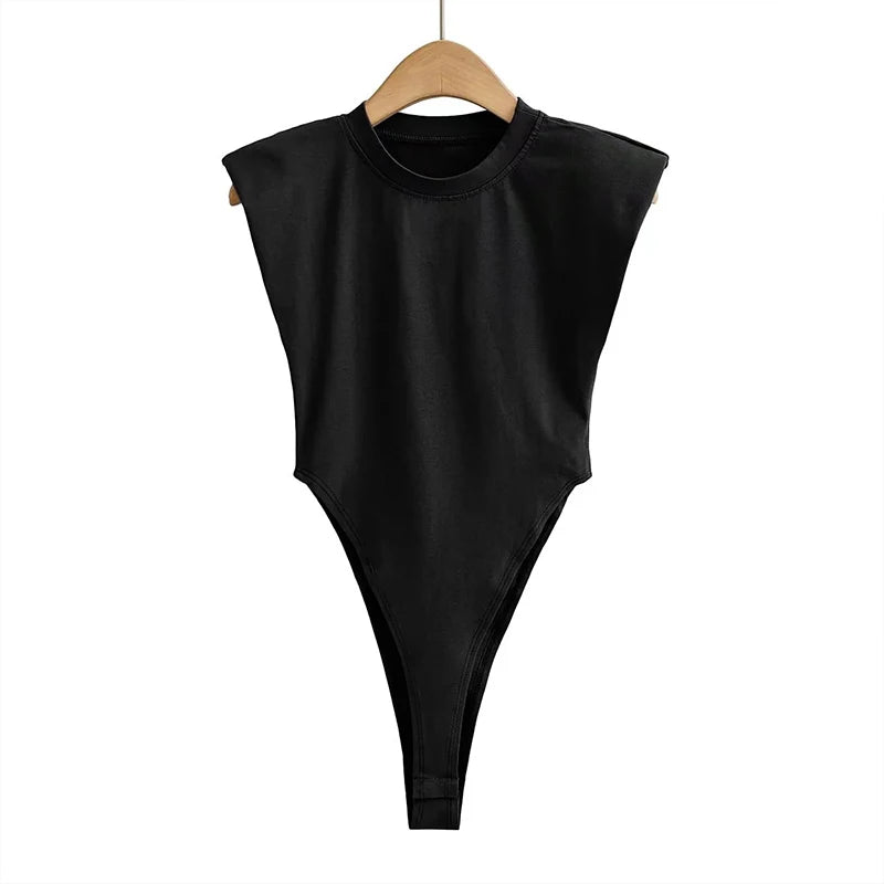 Women Sleeveless Bodycon Bodysuit Padded Shoulder Summer Sexy One Piece Top