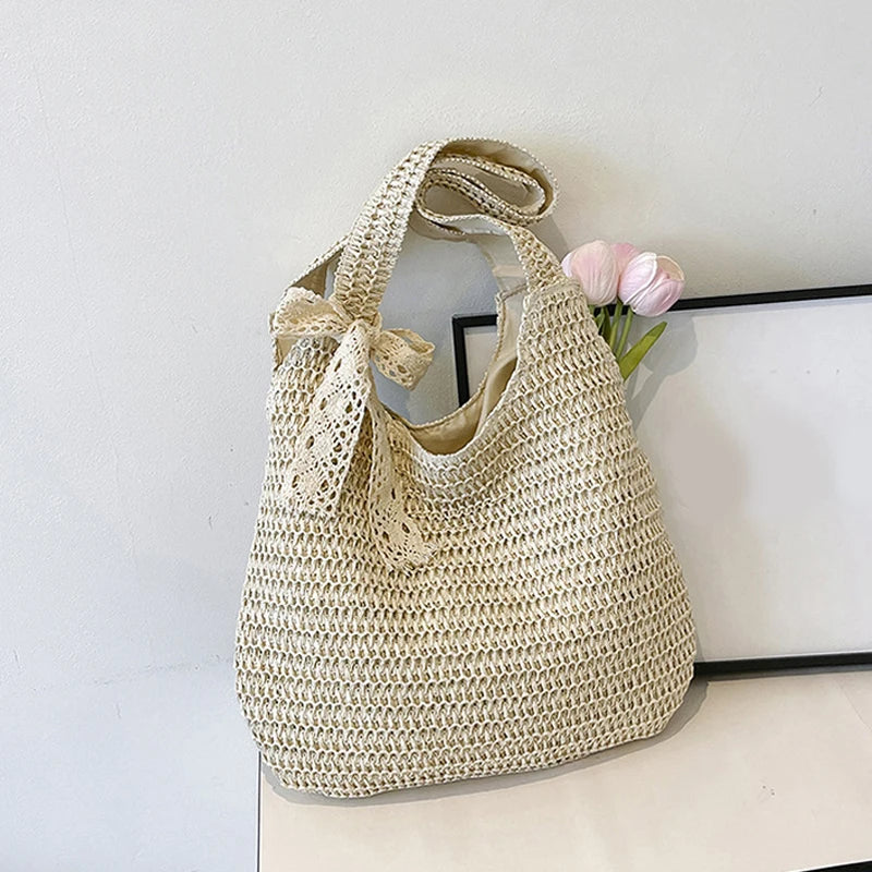 Woven Rattan Shoulder Bag Large Capacity Summer Straw Tote for Women