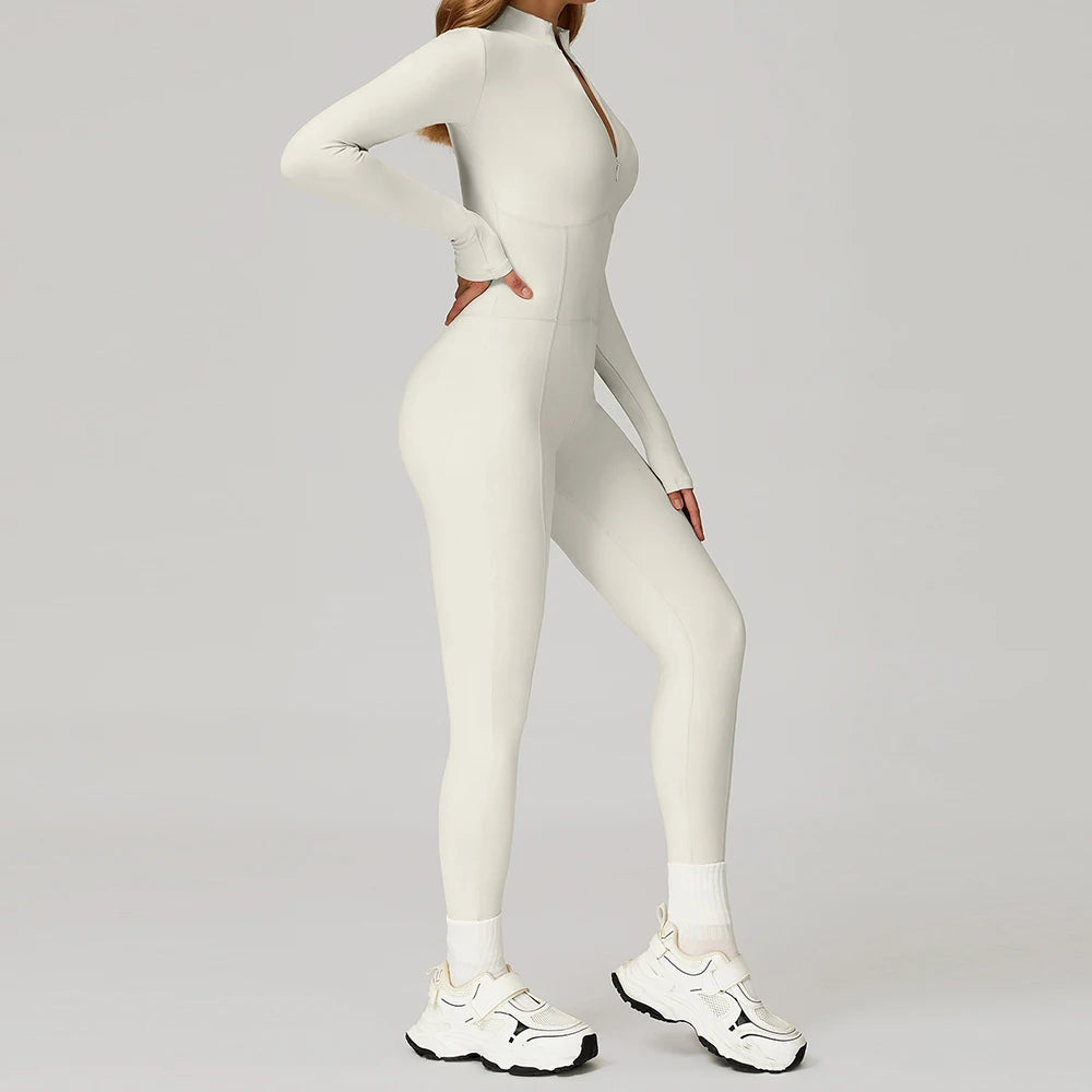 Women Winter Sports Jumpsuit Fleece Warm Fitness Bodysuit Long Sleeve Gym Outfit
