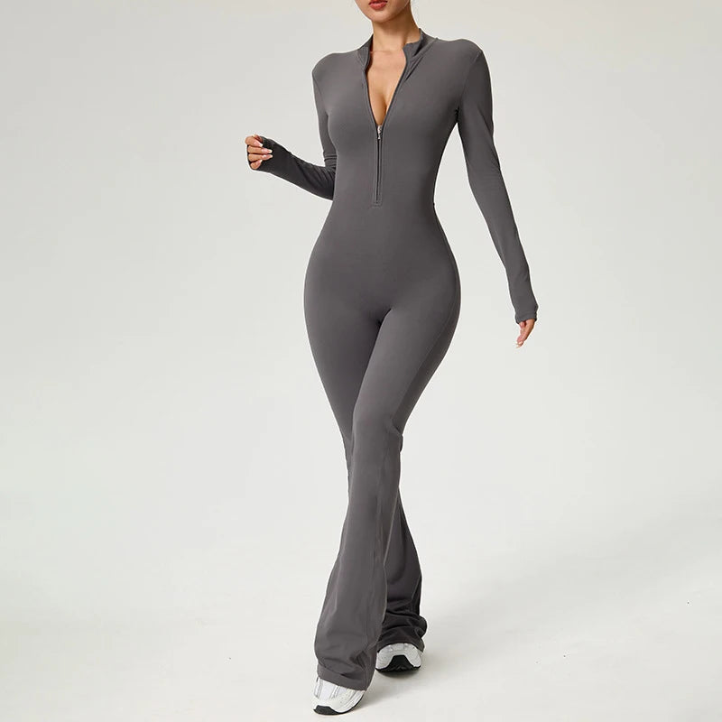 Women Long Sleeve Fitness Jumpsuit Zipper Yoga Bodysuit for Gym Workout