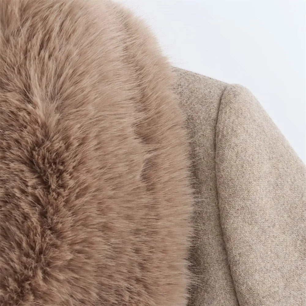 Women Belted Coat Faux Fur Collar Long Sleeve Warm Autumn Winter Jacket with Pockets