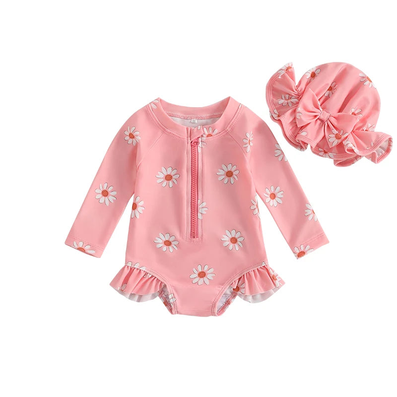 Baby Girl Floral Rash Guard Swimsuit with Hat