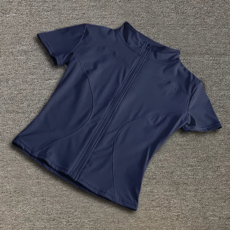 Women’s Slim Fit Full Zip Yoga Shirt Quick Dry Short Sleeve Training Top
