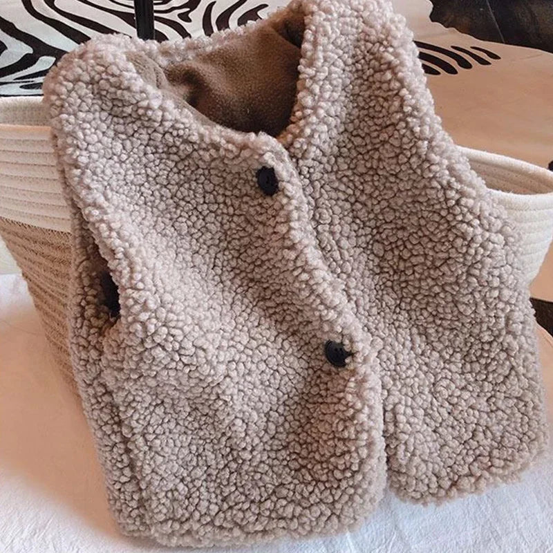 Baby Lamb Wool Plush Vest Warm V Neck Winter Coat for Kids