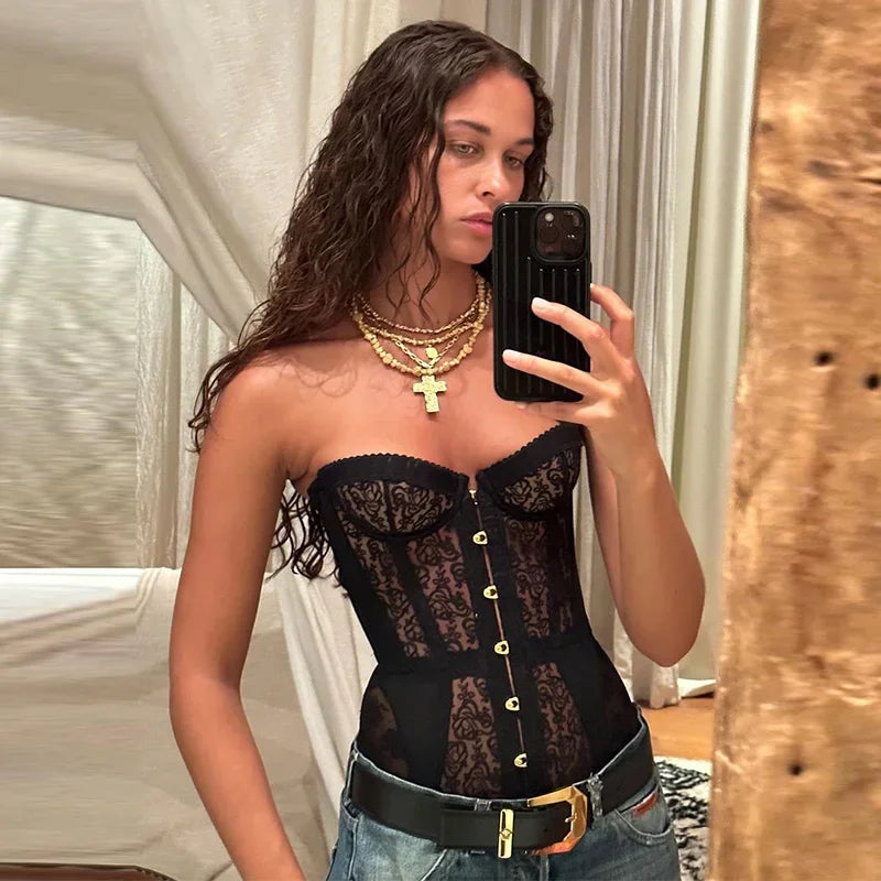 Women Lace Corset Strapless Top Sleeveless Slim Fit Summer Fashion Streetwear Vest