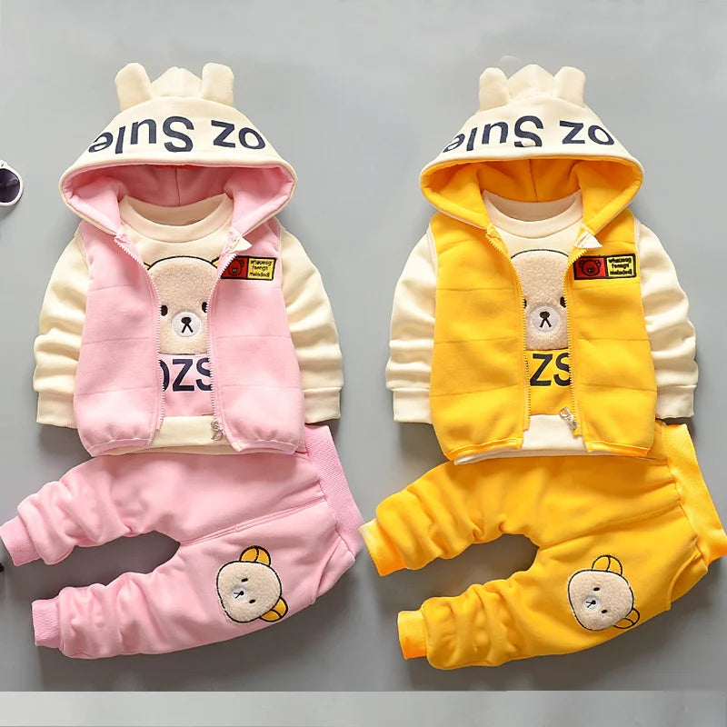 Baby Boys Girls Plus Velvet Fleece Pajama Set Winter Warm 3 Piece Sleepwear