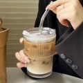 600ml Striped Glass Cup with Lid Straw Transparent Mug for Juice Water Iced Coffee