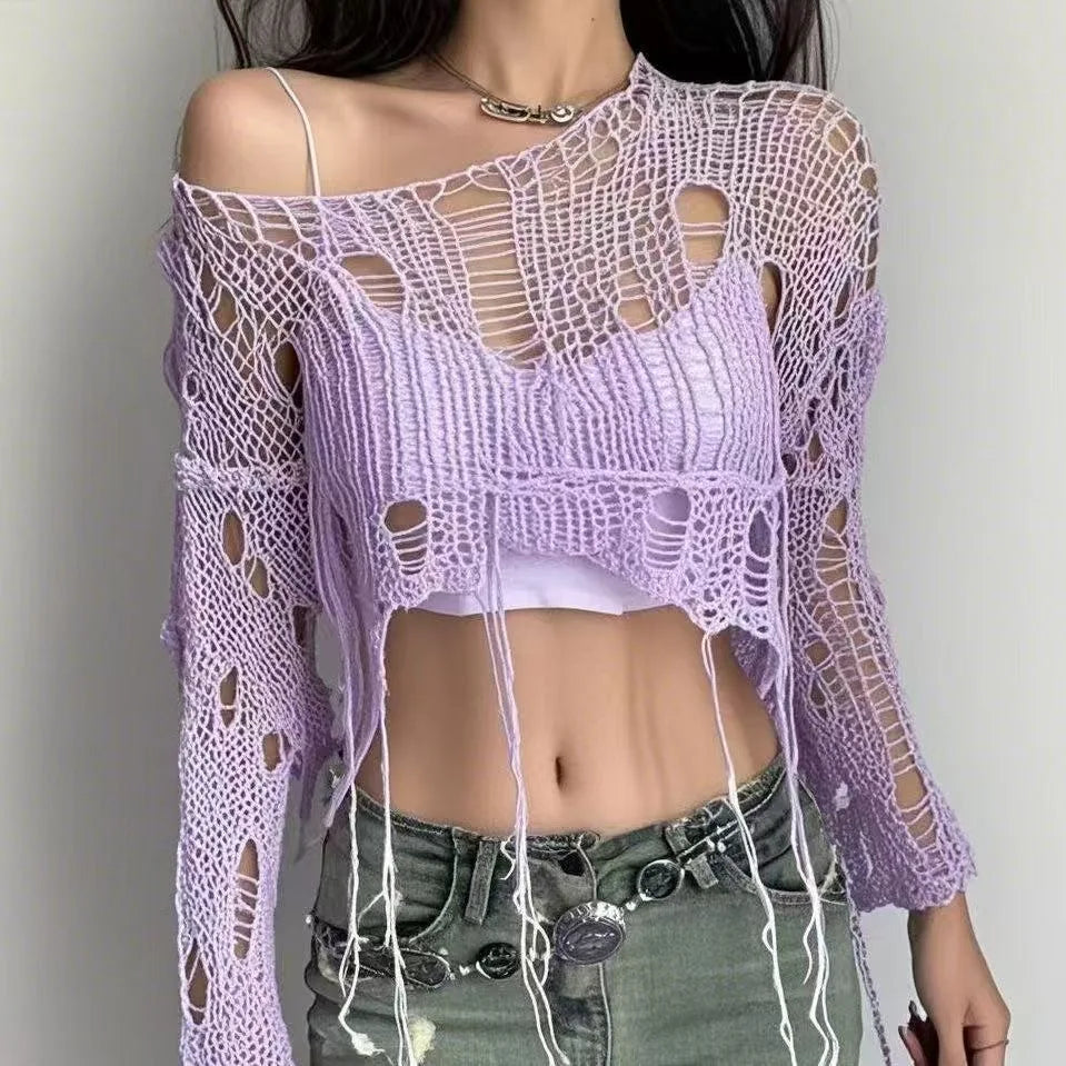 Women Y2K Cropped Cutout Knit Sweater Hollow Out Long Sleeve Sheer Pullover Top