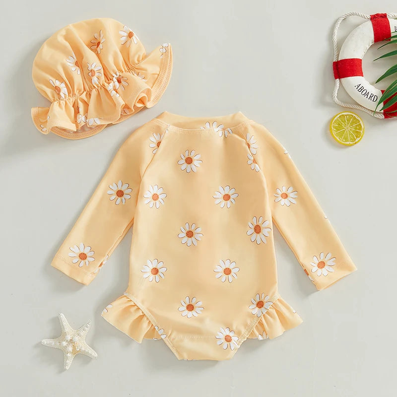 Baby Girl Floral Rash Guard Swimsuit with Hat