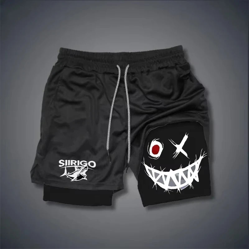 Men 2-in-1 Smiley Print Running Shorts Quick Dry Double Layer Fitness Training Sports Shorts