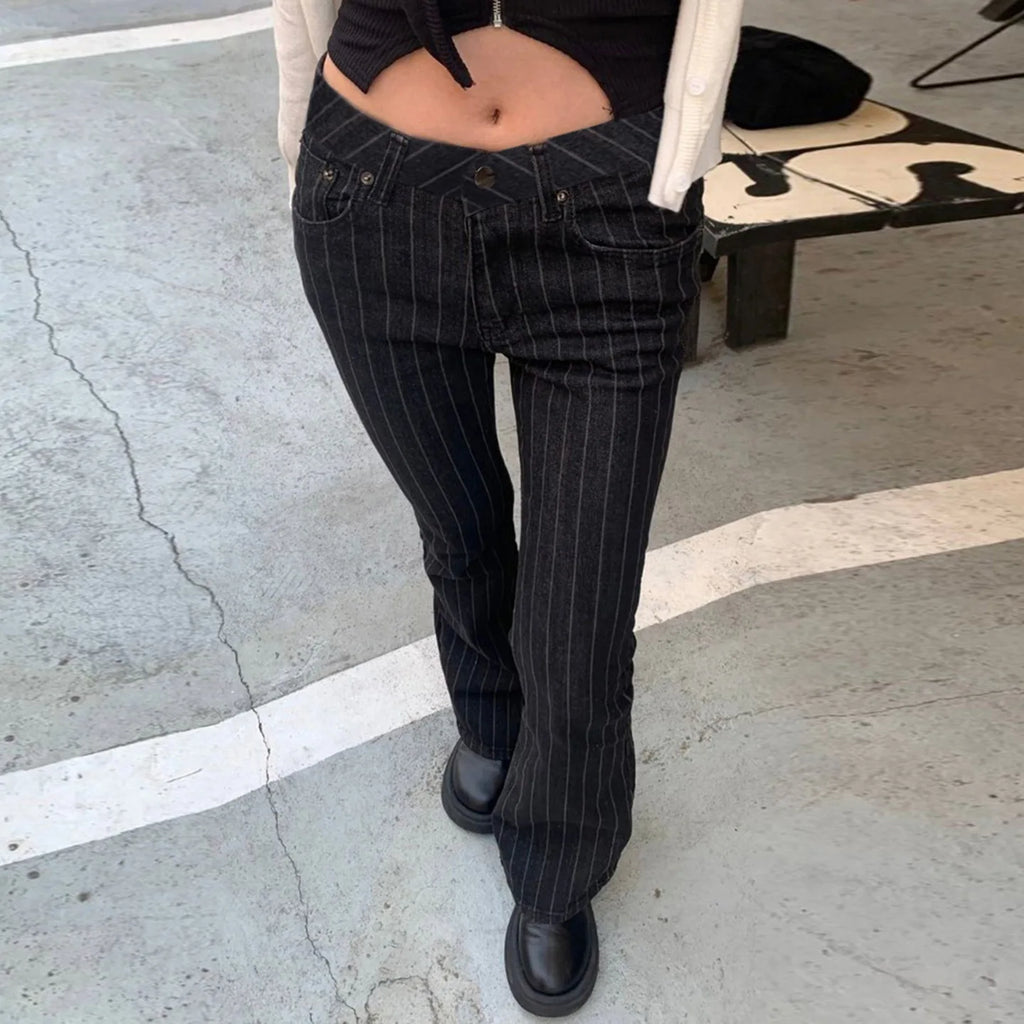 Women Y2K Low Rise Bootcut Flare Jeans Black Striped Denim Streetwear Pants