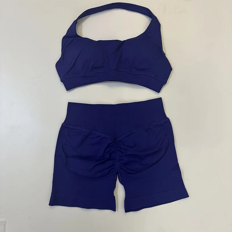 Seamless Yoga Set Halter Sports Bra Scrunch Shorts Gym Workout Fitness Set