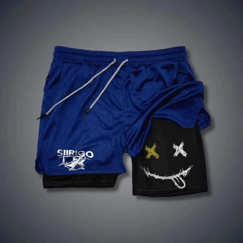 Men 2-in-1 Smiley Print Running Shorts Quick Dry Double Layer Fitness Training Sports Shorts