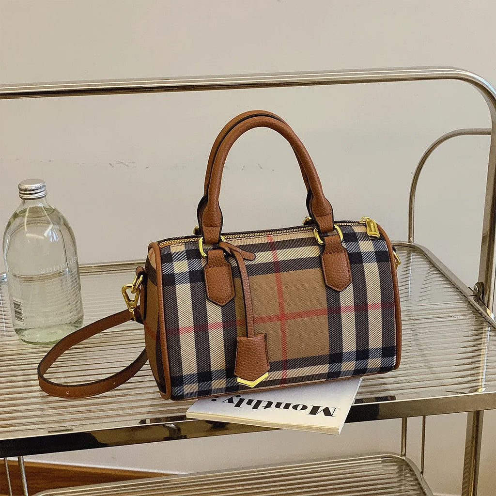 Large Capacity Plaid Shoulder Tote Bag PU Crossbody Bag with Adjustable Strap