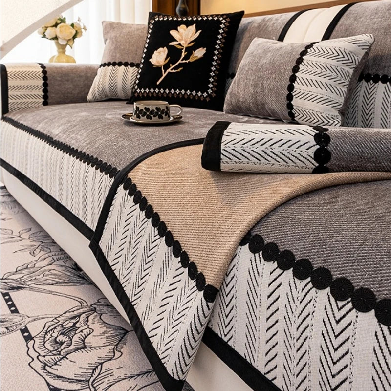Contrast Hem Chenille Sofa Cover Non Slip Couch Protector for All Seasons