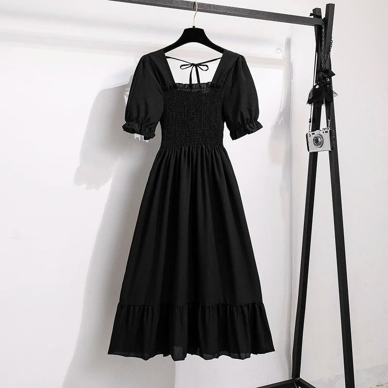 Women’s Chiffon A-Line Dress Short Sleeve Pleated Elastic Waist Casual Summer Dress