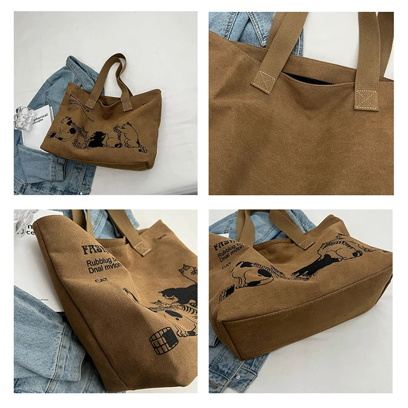 Women Canvas Tote Bag Large Capacity Zipper Shoulder Bag Work Handbag