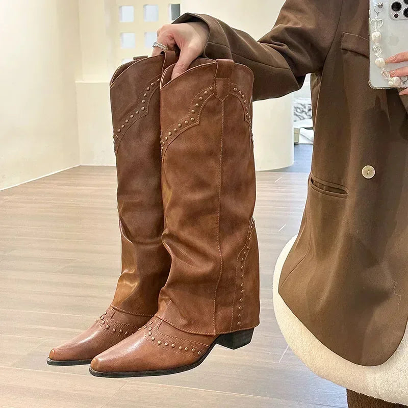 Women Cowgirl Boots Slip On Square Heel Long Pipe Retro Winter Boots