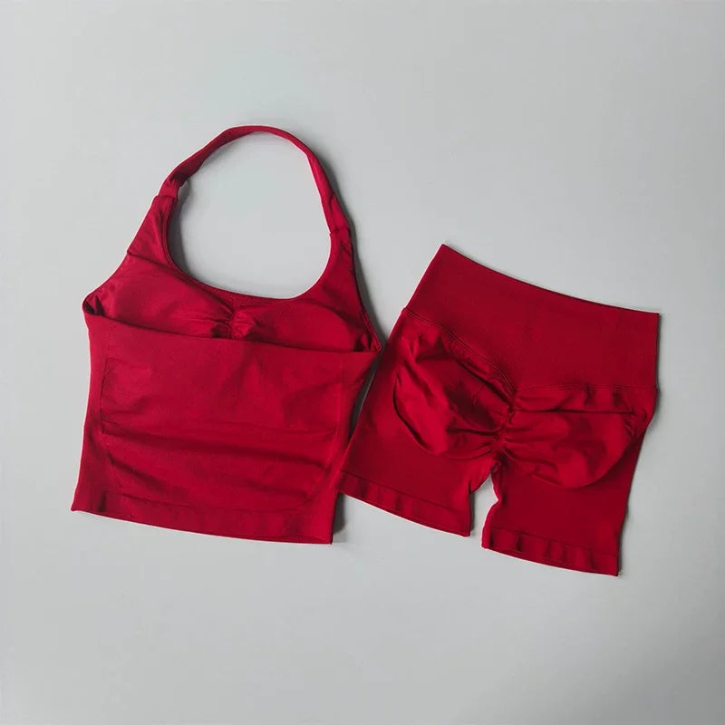 Seamless Yoga Set Women Halter Sports Bra High Waist Shorts Gym Workout Set