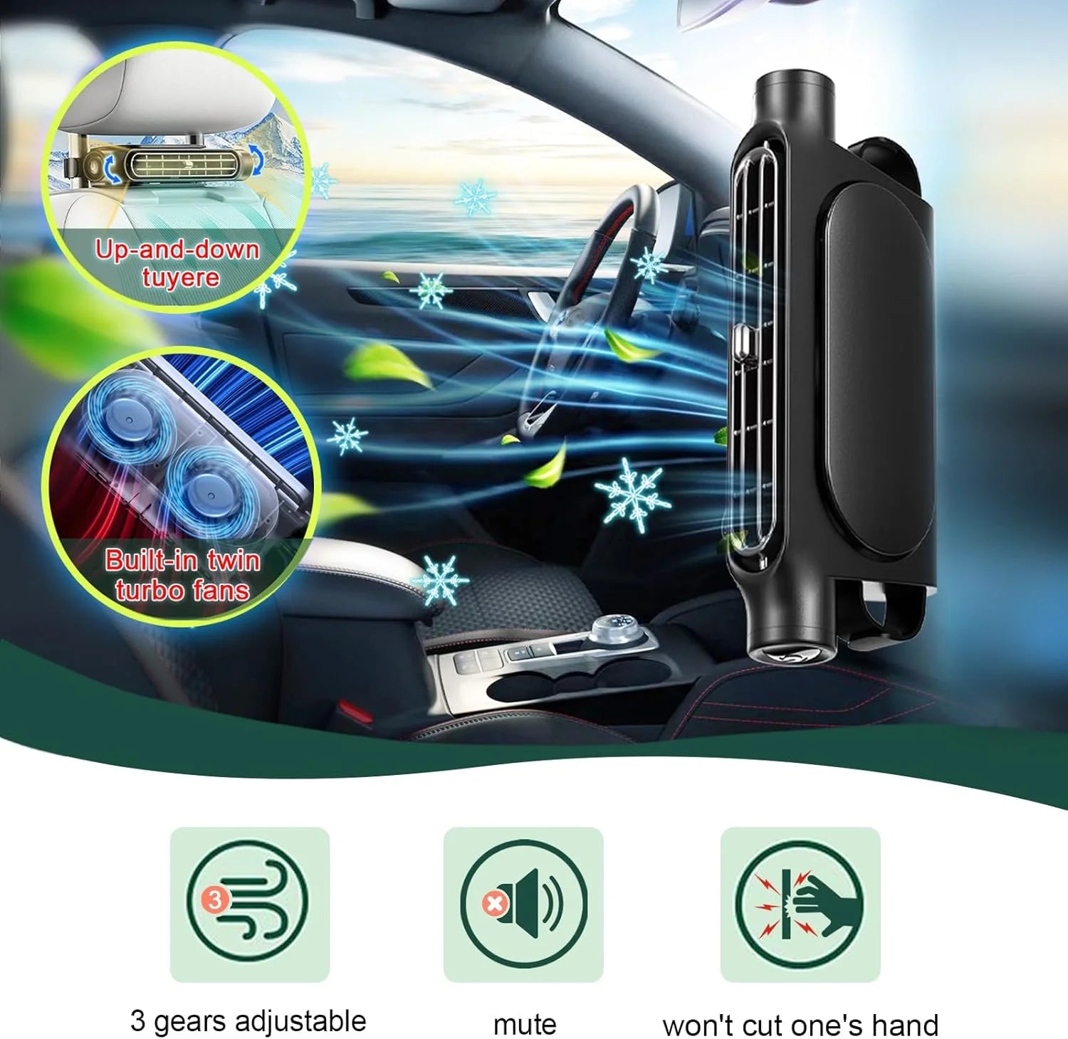 Car Seat Cooling Fan USB 3 Speed Adjustable Headrest Air Fan for Car