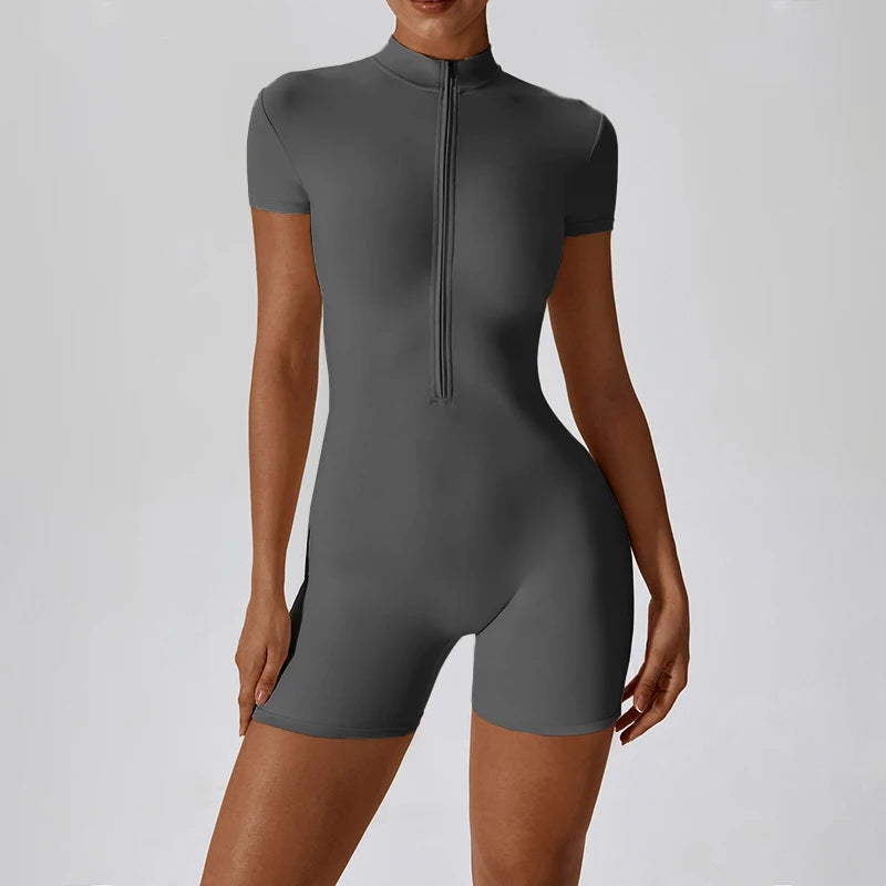Women Zip Front Seamless Jumpsuit Short Sleeve Fitness Romper Bodycon Workout Outfit