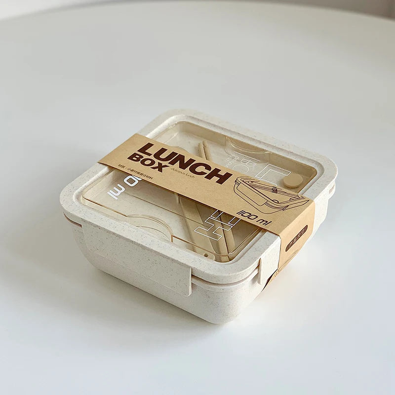 1100ml Lunch Box Bento Box with Spoon & Chopsticks Microwave Safe Wheat Straw Food Container for Kids Adults School Office