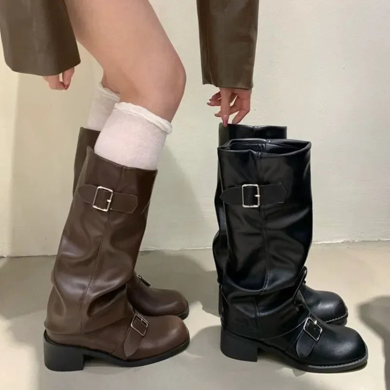 Women Knee High Platform Boots Chunky Heel Punk Gothic Leather Motorcycle Boots