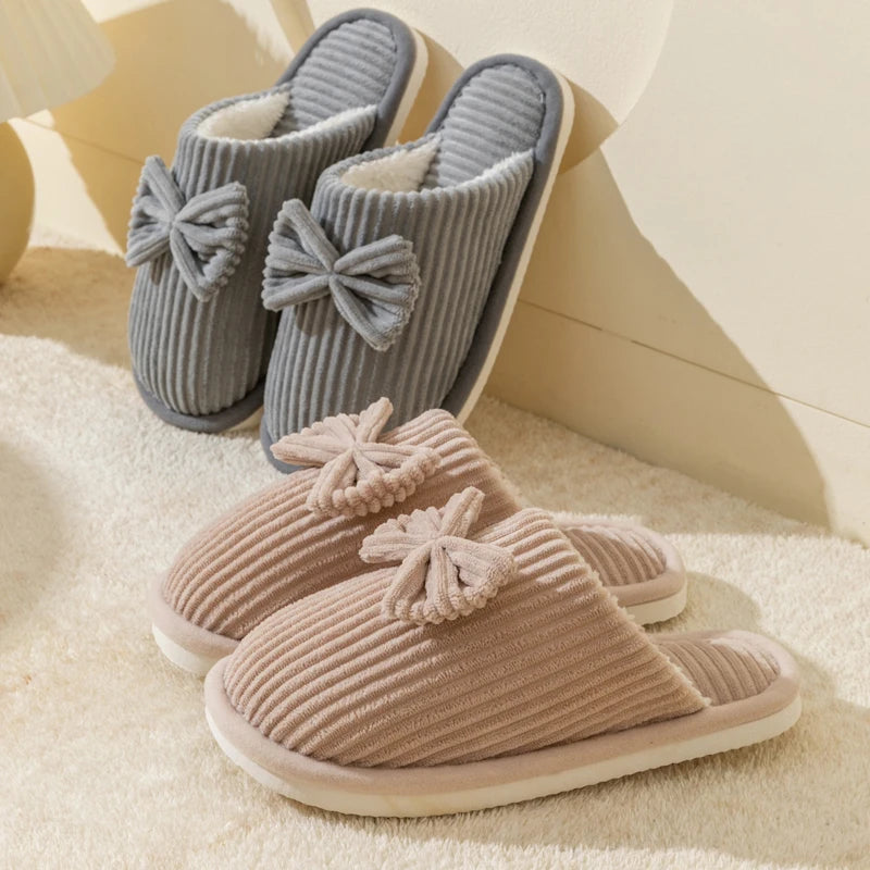 Cute Bow Slippers Women Cozy Plush Indoor Home Shoes Soft Warm Winter Slides