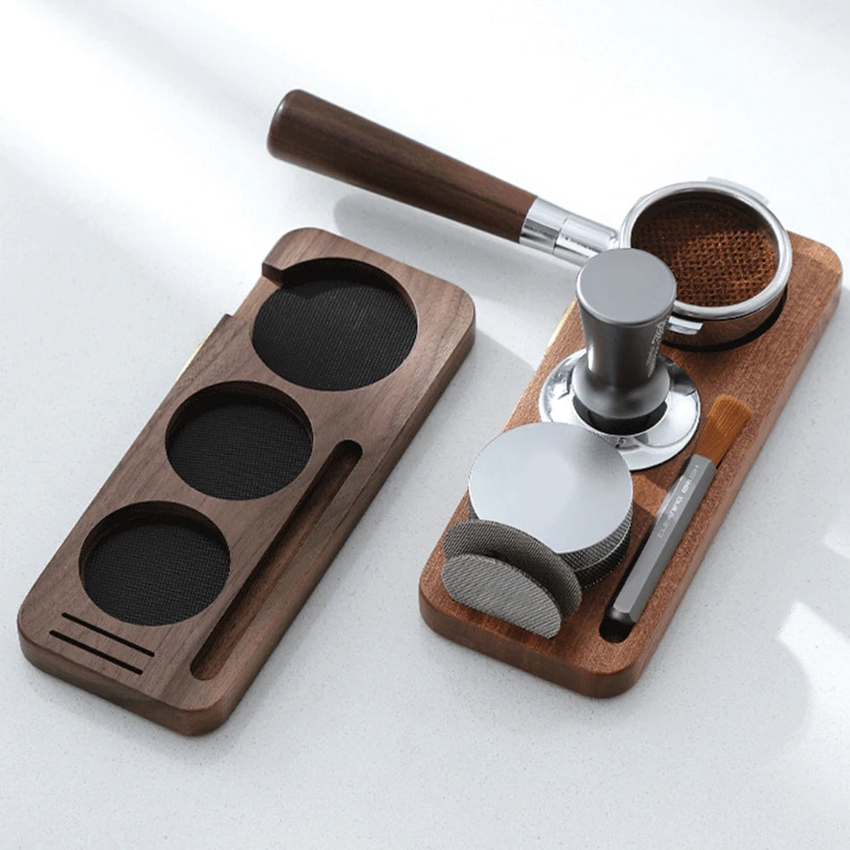Espresso Tamper Mat Station Walnut Wood Portafilter Holder for 51 54 58mm