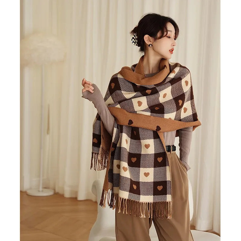 Women Heart Plaid Scarf Thick Winter Blanket Shawl Wrap