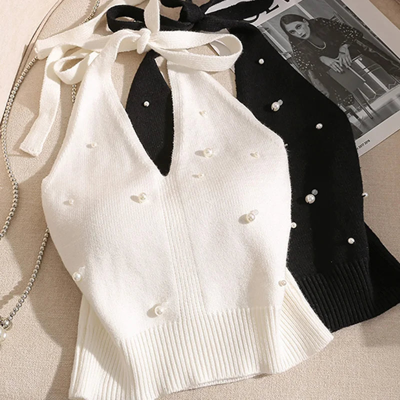 Beaded Halter Neck Knitted Vest for Women Backless Tie Knot Top