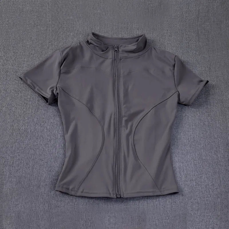Women’s Slim Fit Full Zip Yoga Shirt Quick Dry Short Sleeve Training Top