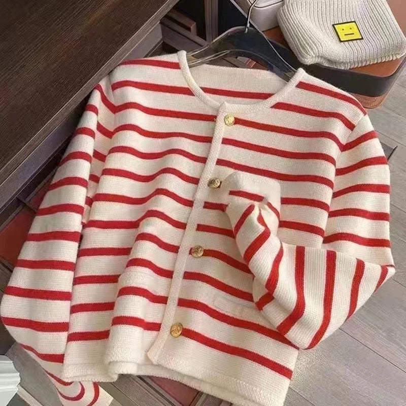 Women Striped Knit Cardigan Crop Top O Neck Long Sleeve Casual Sweater Jacket