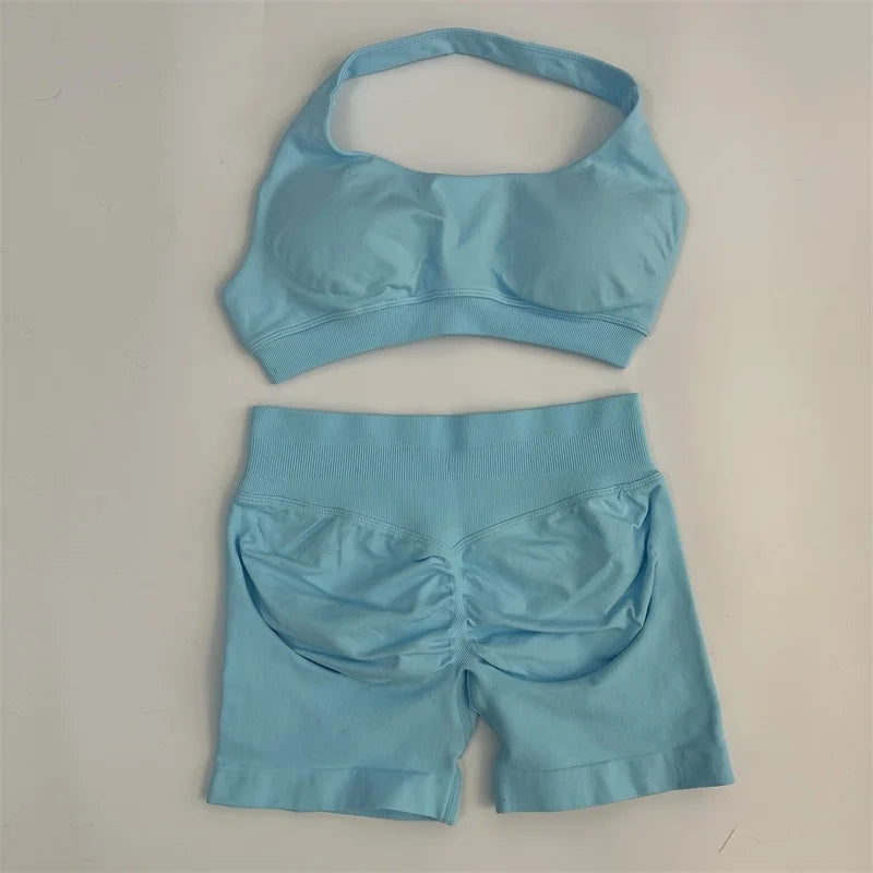 Seamless Yoga Set Halter Sports Bra Scrunch Shorts Gym Workout Fitness Set