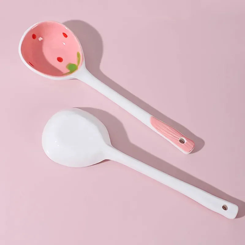 Kawaii Strawberry Ceramic Long Handle Spoon Kitchen Utensil