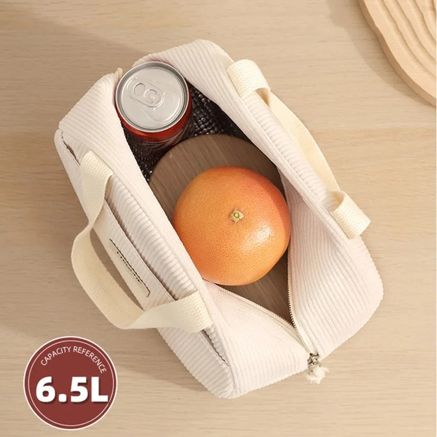Corduroy Thermal Insulated Lunch Bag Cute Print Large Capacity Handbag
