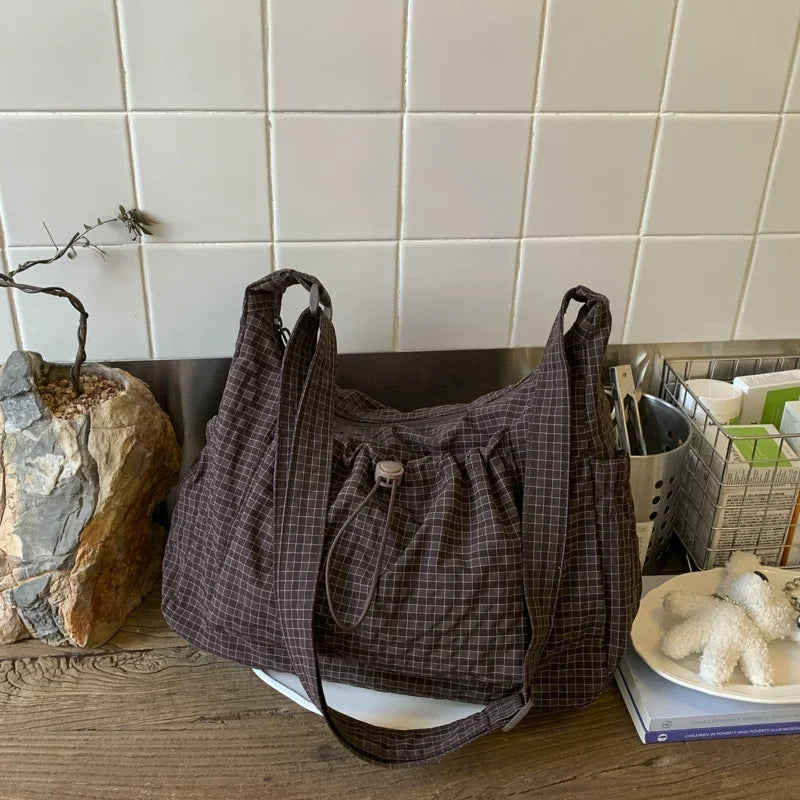 Nylon Shoulder Bag Plaid Tote Crossbody Drawstring Cloud Commuter Bag