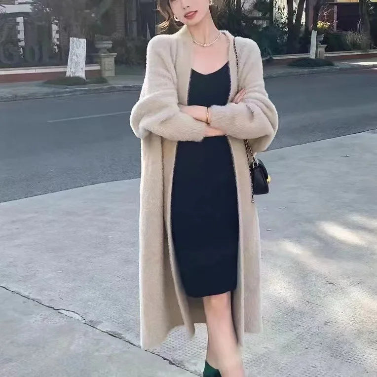 Women Loose Fit Knit Coat Knee Length Faux Fur Long Sleeve Warm Winter Jacket